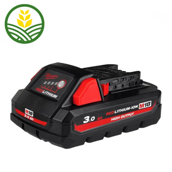 A red & black Milwaukee M18 High Output 3.0AH Battery
