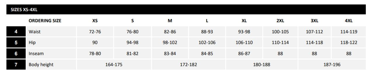 Size Chart for John Deere Winter Overalls in Black