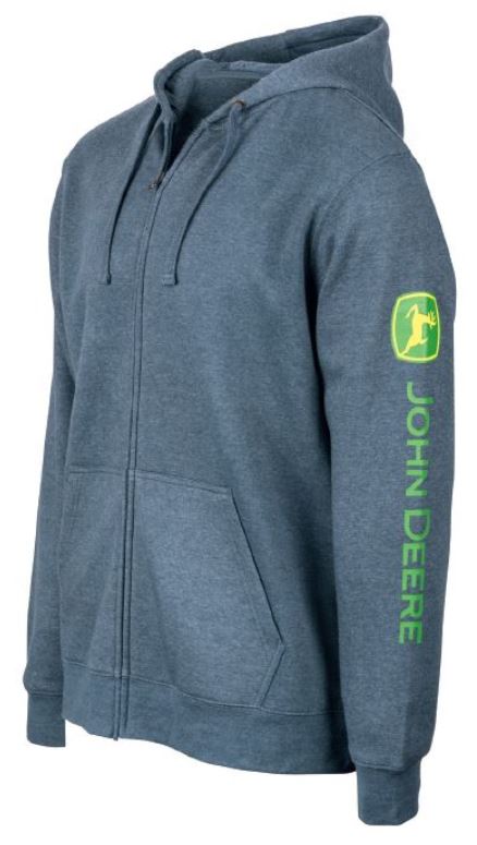 Blue hoodie with zip up centre and John Deere logo along the sleeve.