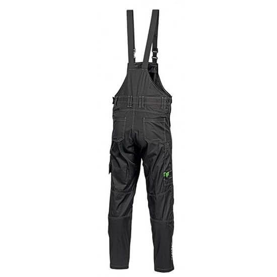 Back of black John Deere bib & brace overalls