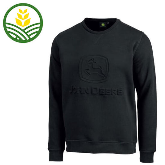 sweatshirt in black with large embossed John Deere Logo on the chest.