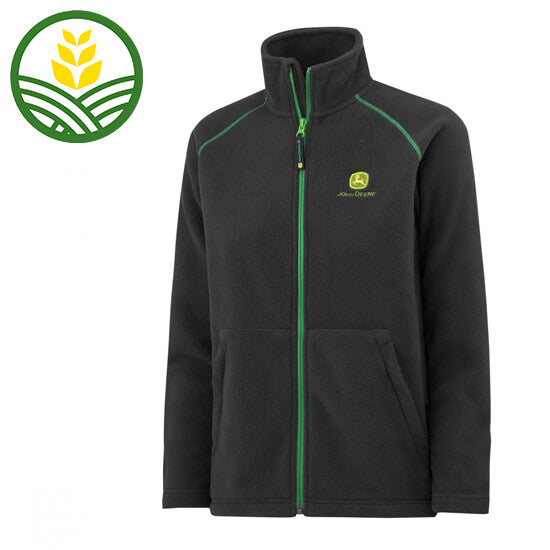 Kids John Deere fleece with green zip and trim. John Deere logo embroidered on the front