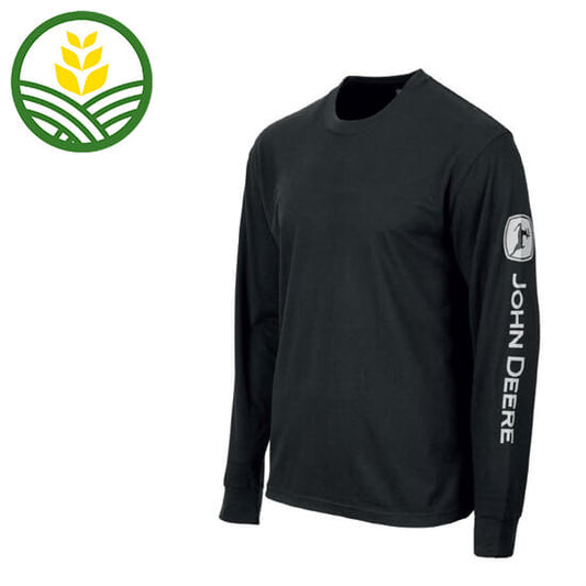 John Deere black long sleeve tee shirt with white logo printed on sleeve.