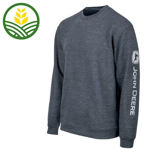 John Deere black round neck sweatshirt with grey logo printed on sleeve.