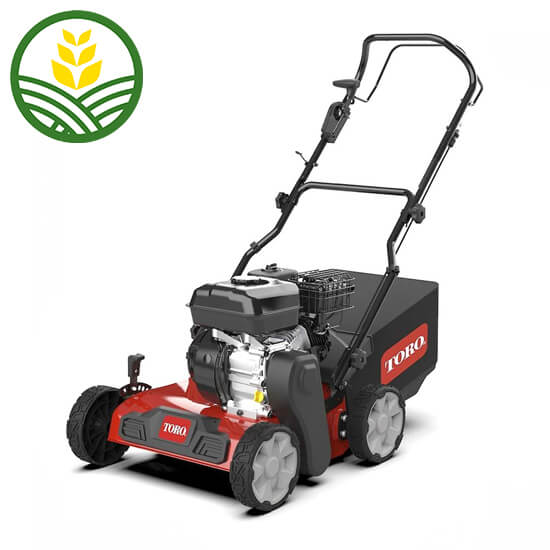 Toro scarifier with 4 wheels, black plastic and black grass box.