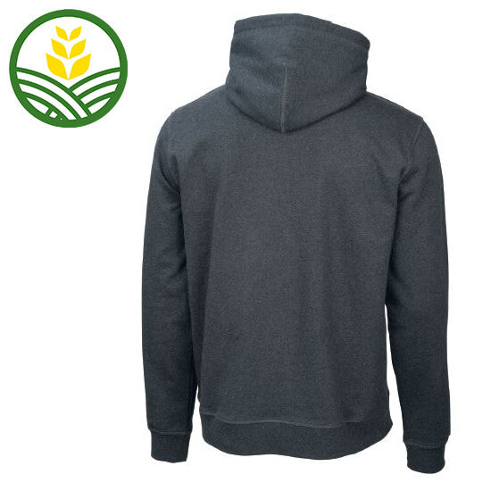 Back of grey hooded sweatshirt.