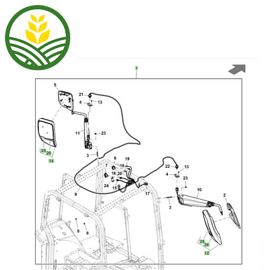 John Deere Rear View Mirror with Wide Angle, Electrically adjusted - LH, RH, glass only or set