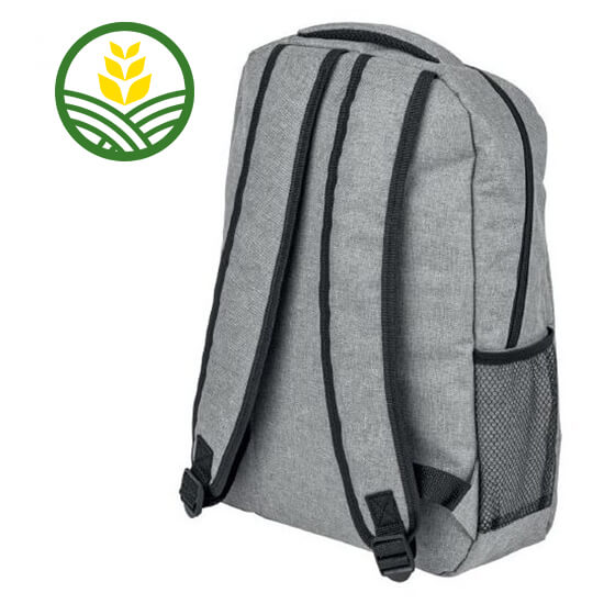The back of a grey John Deere backpack.