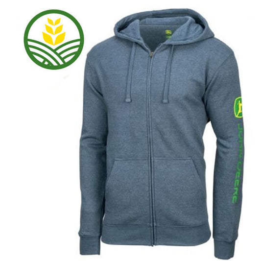Blue hoodie with zip up centre and John Deere logo along the sleeve.