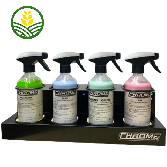 Chrome Cleaning Black Bottle Holder holding 4 Chrome Cleaning Sprays