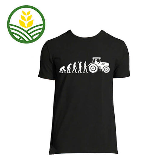 A black, short sleeve t-shirt with an evolution picture of monkey image to man image to John Deere tractor image.