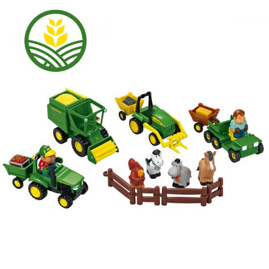 A farm toy set including John Deere tractors, forager, gator, animals and farmer