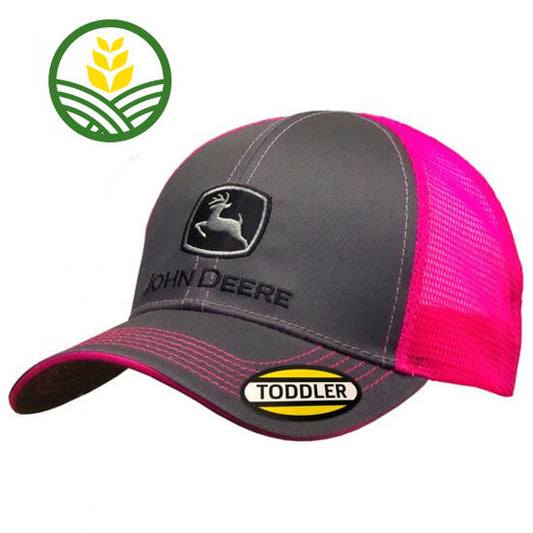 Kids dark grey and hot pink cap with John Deere logo on front