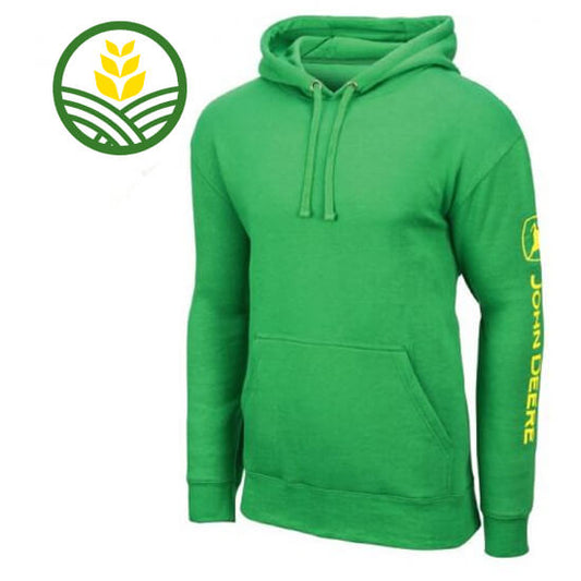 Green hooded sweatshirt with yellow John Deere logo printed on sleeve.