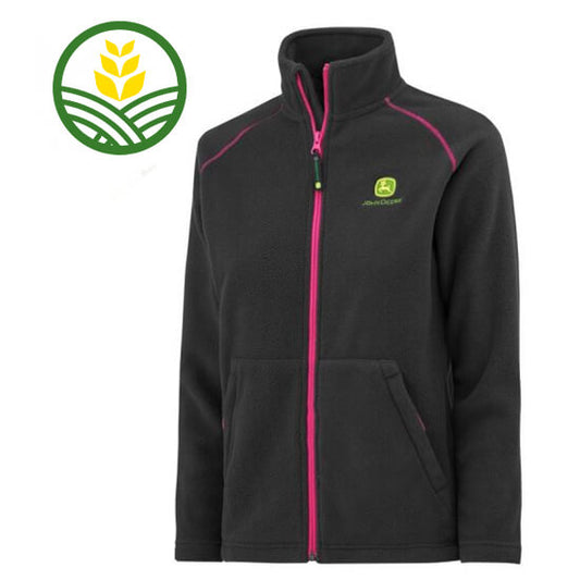 John Deere black fleece with pink zip and trim. John Deere logo embroidered on front.