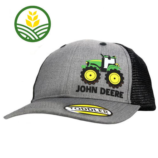 Kids John Deere grey cap with black mesh back and John Deere tractor on front.