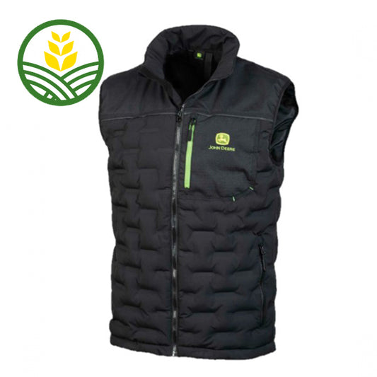 Black padded body warmer with John Deere logo on chest pocket.