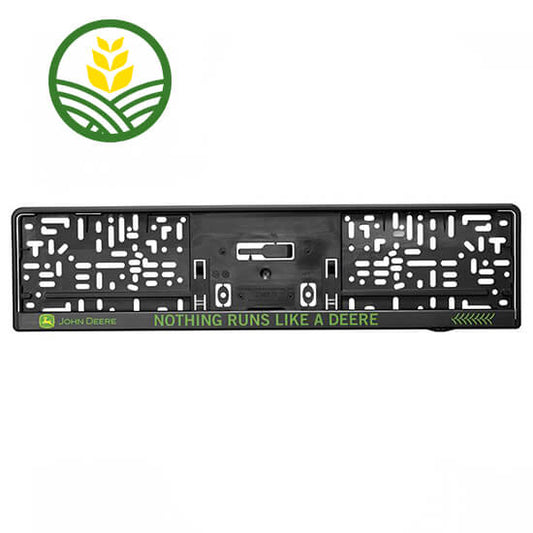 Black John Deere license plate number holder. Plastic with coloured John Deere logo and 'Nothing Runs Like a Deere' Slogan across the bottom.