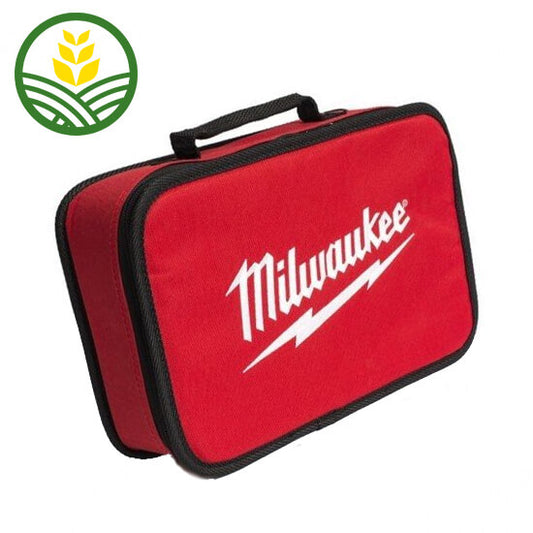 A red soft rectangular bag with black lining and a white trademark Milwaukee logo