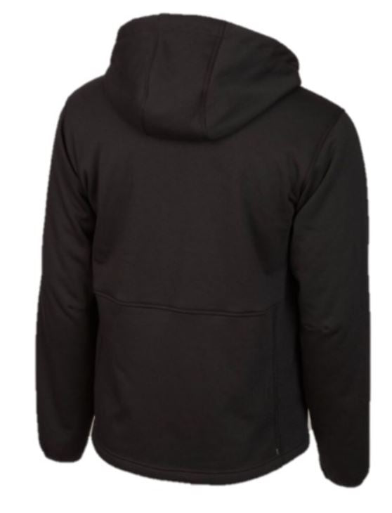 Back of a black John Deere hooded jacket.