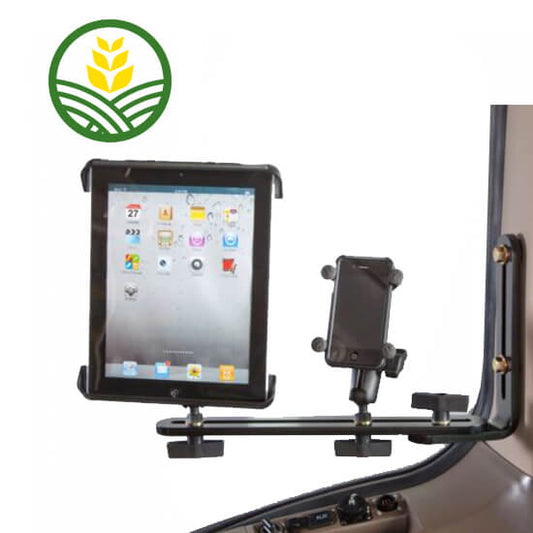 John Deere ipad tractor cab mount, holding ipad and a phone.