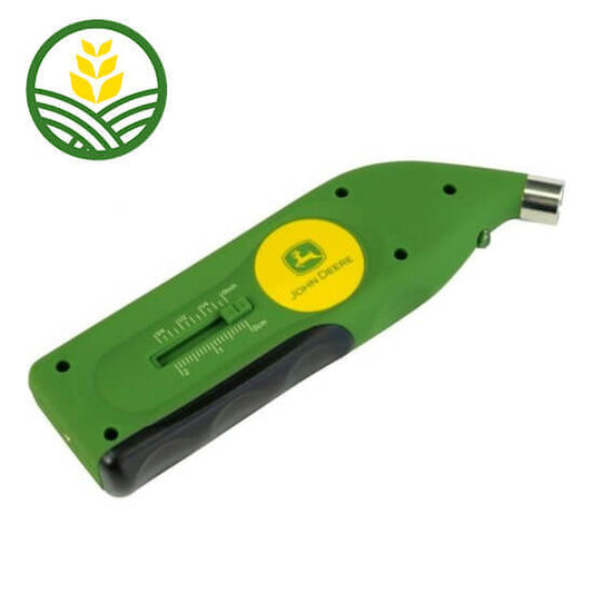 Green digital tyre pressure gauge with yellow John Deere Logo.