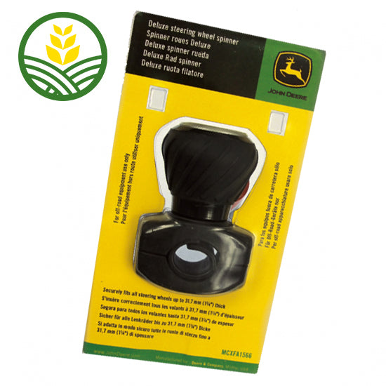 John Deere logo black Steering Wheel Spinner in packaging.