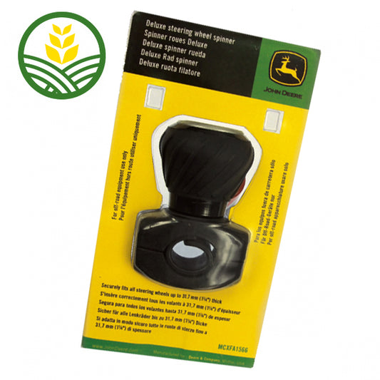 John Deere logo black Steering Wheel Spinner in packaging.