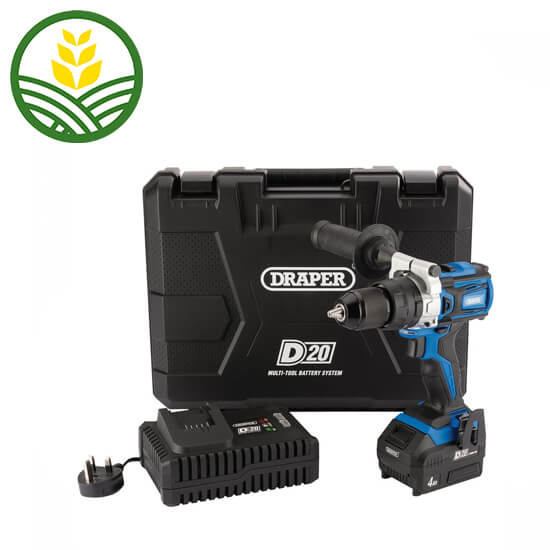 Draper D20 20V Brushless Combi Drill, 1 x 4.0Ah Battery, 1 x Fast Charger