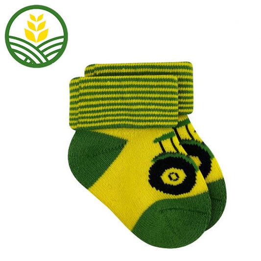 Green and Yellow Bootie with tractor on and yellow and green striped cuff
