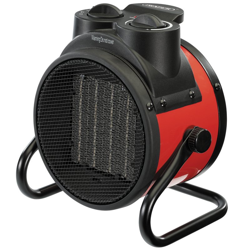 A red and black Draper electric space heater