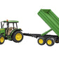 The John Deere 5115M toy tractor with tipping trailer in classic John Deere green
