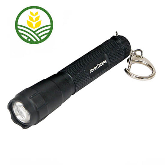 Black keyring torch with John Deere printed on the side in white.