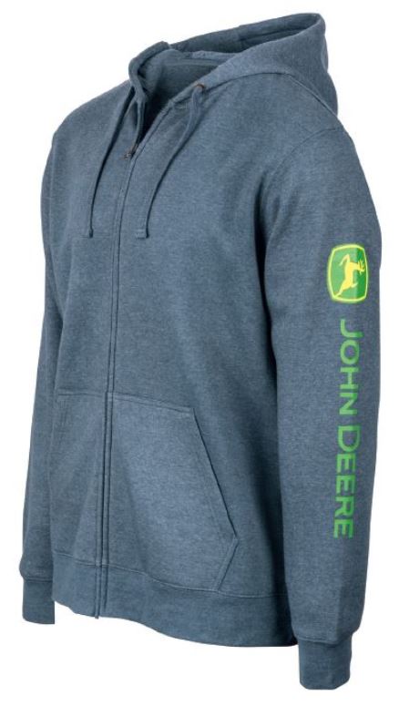 Blue hoodie with zip up centre and John Deere logo along the sleeve. 