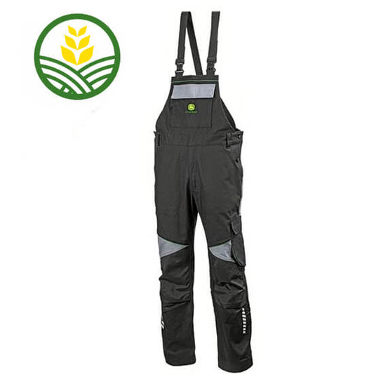 Black John Deere bib & brace overalls with chest pocket, pen pocket, practical ruler pocket on the leg, side pockets and an adjustable waist. They have reflective details on the legs.