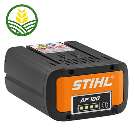 A black and orange STIHL AP 100 Battery