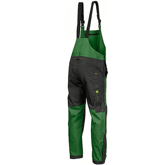 Back of green and black John Deere bib & brace overalls.