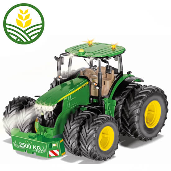 John Deere 7290R tractor with dual wheels, weight block and real working lights. Bluetooth remote app control.