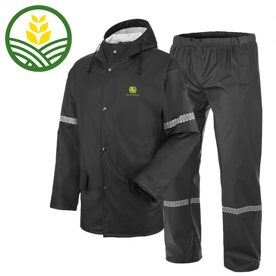 Black John Deere Jacket and trousers. Elastic trousers with string adjustment. Openings on side of trousers. Button adjustment on bottom of legs. Jacket with zipper and press buttons, 2 side pockets, button adjustment in the arms.