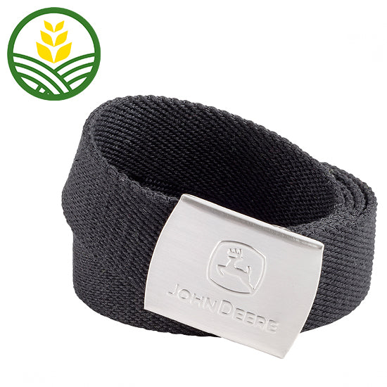 Black fabric belt with John Deere logo printed on silver buckle.