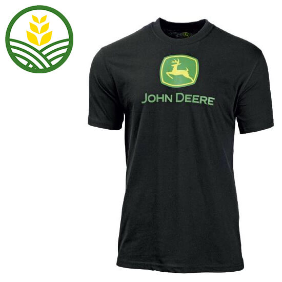 John Deere black t-shirt with logo screen print on centre front