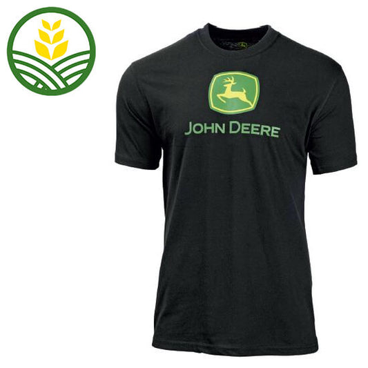 John Deere black t-shirt with logo screen print on centre front