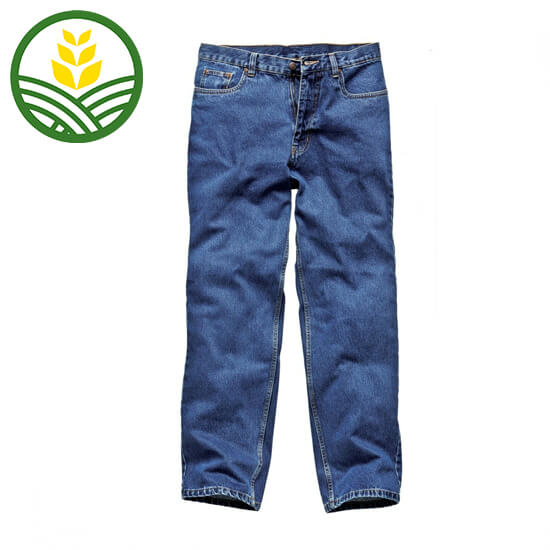 Blue stonewash denim jeans with brown stitching. 