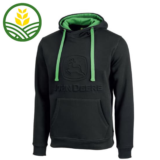 Black John Deere hoodie with an embossed John Deere logo on the front. The inner hood is green, with green strings. 