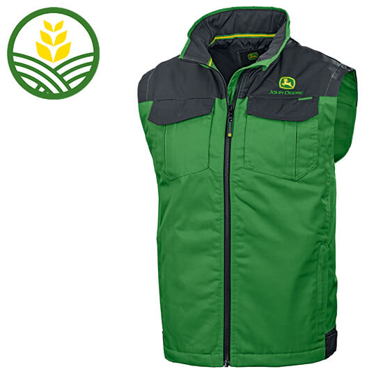A John Deere green insulated body warmer, multiple pockets, adjustable waist, black shoulder panels and logo on left chest.