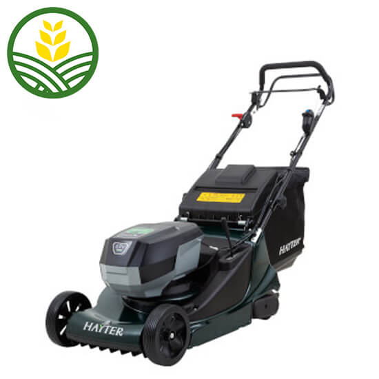 Hayter push along mower in a dark green coulor with black trims and grass bag. Battery compartment is on topof the deck. 2 wheels at the front and a rear roller.