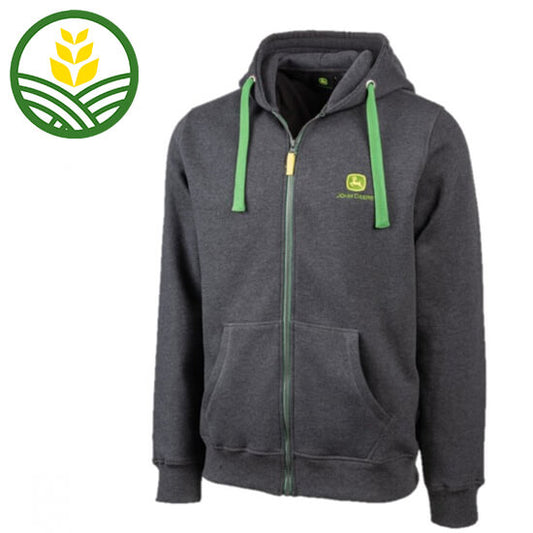 Dark grey hoodie with zip up the centre and small John Deere logo on chest