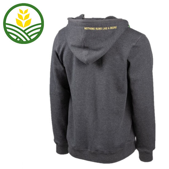 Back of grey hoodie with 'Nothing Runs Like a Deere' slogan in yellow on the hood.