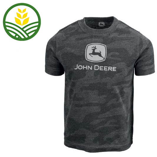 Kids John Deere grey camouflage print tshirt with grey John Deere logo printed on the front 