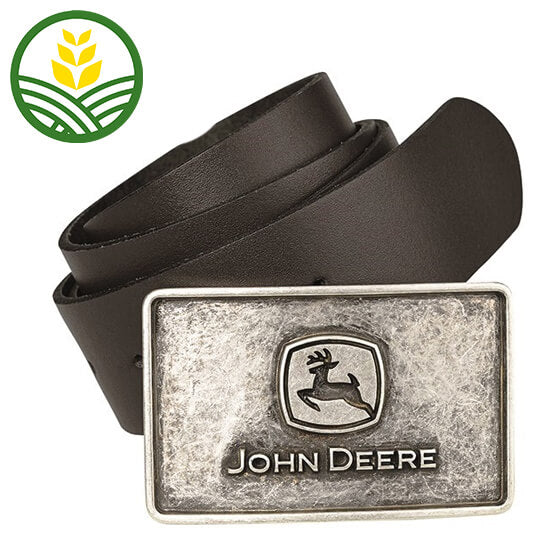 Black leather belt with John Deere logo engraved into a silver metal buckle.